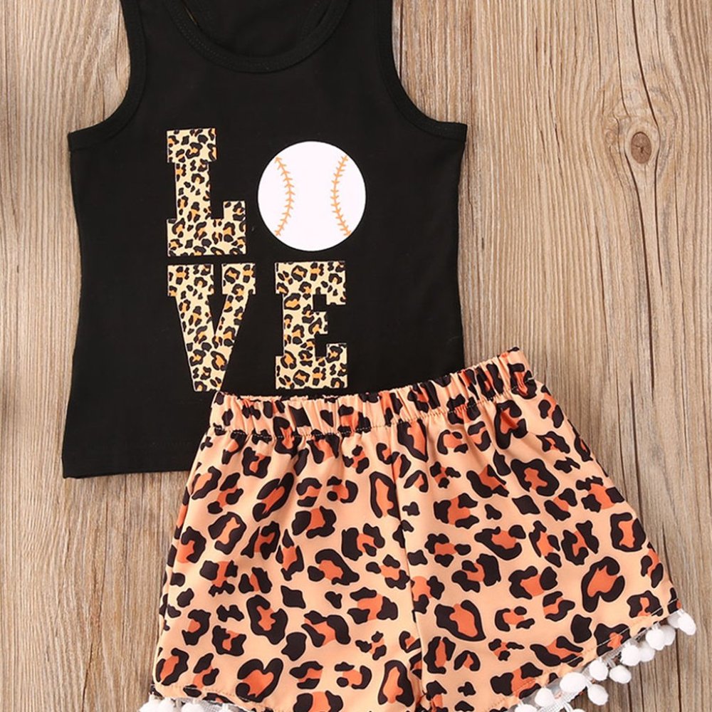 Baseball Leopard Print Tank Top & Pompom Shorts 2pcs Baby Outfit